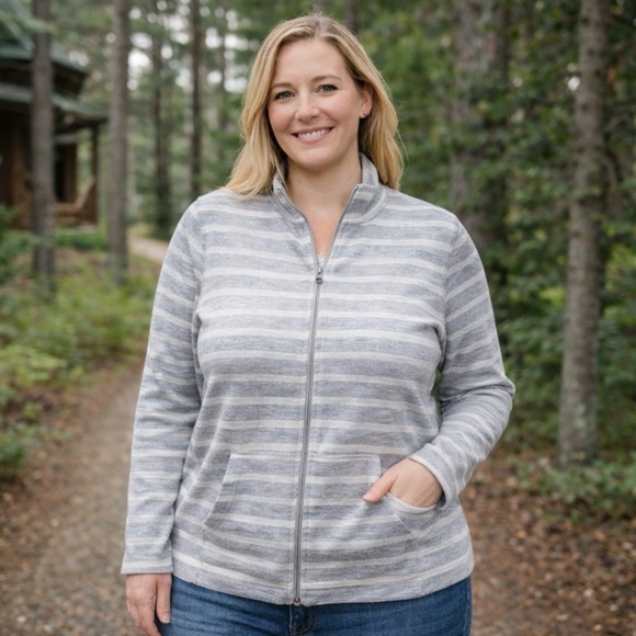 LL Bean Zip Up Top 2X Womens Gray Stripe Stretch Casual Pockets Layering Shirt - Picture 2 of 6